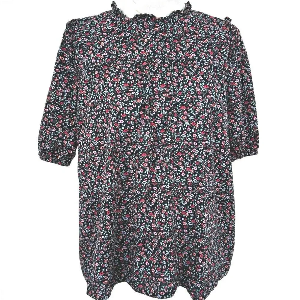 Madewell Floral Blouse Black Ditsy Print Puff Sleeve Cottagecore Top Size S